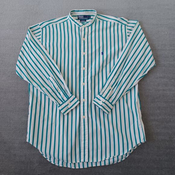 Vintage Polo Ralph Lauren Postboy Band Collar Shirt Men M Green Stripe Button Up - Picture 1 of 9